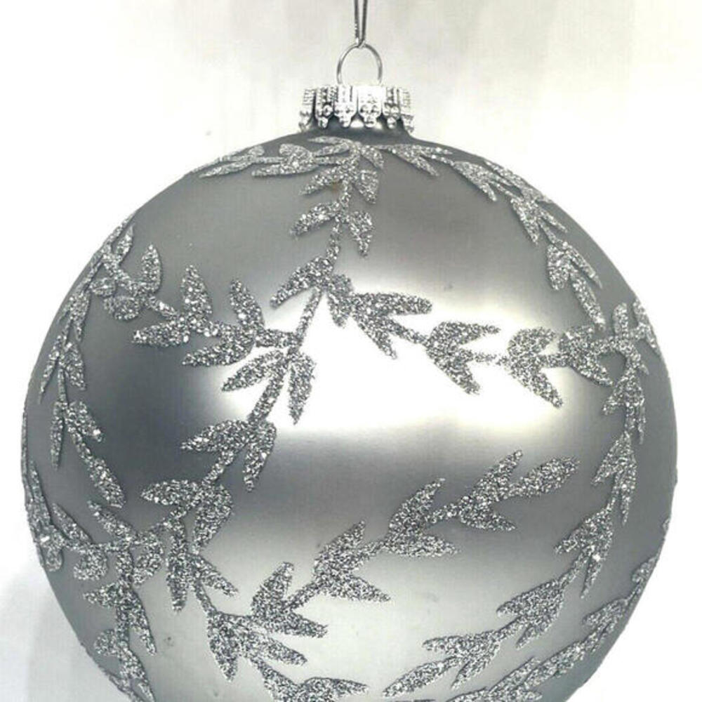 JUMBO Silver Glitter Leaf Glass Christmas‎ Ornament 120mm in Box